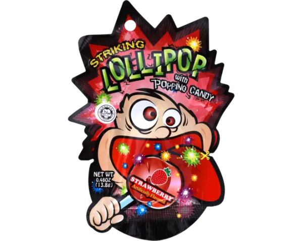 Zoom bild av HK   Striking   Lollipop with Popping Candy - Strawberry - Strip  4x12x13,8g